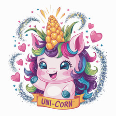 Naklejka premium Funny vector t-shirt design a cartoon unikorn with corn and a funny text UNI-CORN