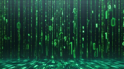 Digital Matrix ,The essence of digital technology, where a cascade of ones and zeros descends like a digital rain within a sleek, dark grid illuminated by the vibrant green glow of binary code
