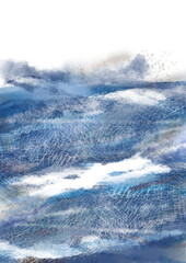 青色の水彩で描いた水の流れる雲の雰囲気背景イラスト