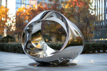 Reflective stainless steel sculpture in an outdoor urban park during autumn