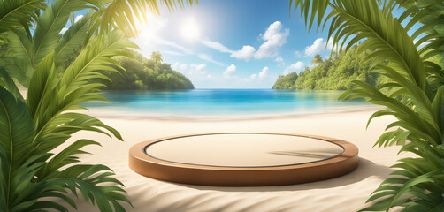 Obraz premium Beach podium summer background sand product 3D sea display platform. Beach podium summer banner stand scene sale sky holiday vacation stage water island sun travel pedestal promotion presentation ad.