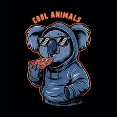 Funny vector t-shirt design  a cartoon coala eating pizza