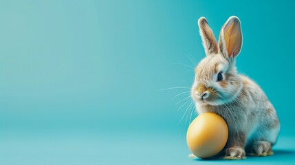 Fototapeta premium Easter bunny holding an egg in a blue background, perfect for sales and marketing posters.