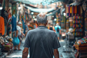 Fototapeta premium The image captures the back of a senior man walking through a vibrant outdoor market with colorful stalls and people shopping.