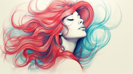 Captivating illustration of a serene woman with eyes closed and hair flowing in the wind, exuding beauty and peace.