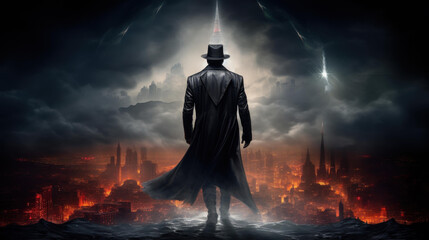 Intriguing spy in a sleek, modern setting drone perspective captures mysterious alley atmosphere, setting a shadowy tone.