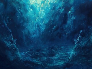 Obraz premium Abstract deep blue underwater scene with swirling currents and light rays, creating a mysterious and ethereal ocean atmosphere.