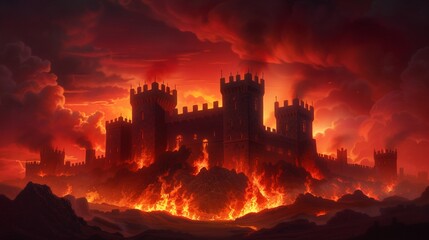 Obraz premium Ruined medieval fortress under a blazing crimson sky, with jagged towers and burning battlements, surrounded by a fiery landscape, evocative dark fantasy scene