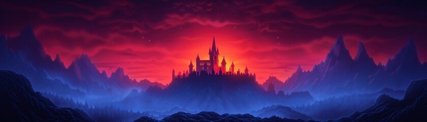 Fototapeta premium Gothic citadel on a rocky precipice, illuminated by a bloodred sky, with burning structures and intricate spires, conveying a sense of dark fantasy and destruction