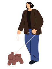Woman walking cute dog. Outdoor stroll, pet owner holding leash, leading miniature toy puppy. Female character going with companion doggy breed. Flat illustration isolated on white background
