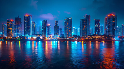 Fototapeta premium Vibrant city lights reflect on water in a breathtaking nighttime cityscape