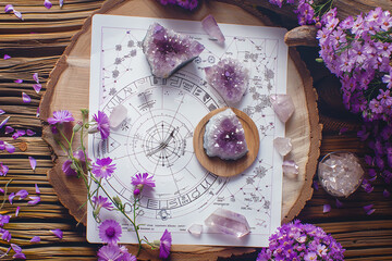 Astrology. Astrologer calculates natal chart and makes a forecast of fate Tarot cards, Fortune telling on tarot cards magic crystal, occultism, Esoteric background. Fortune telling,tarot predictions