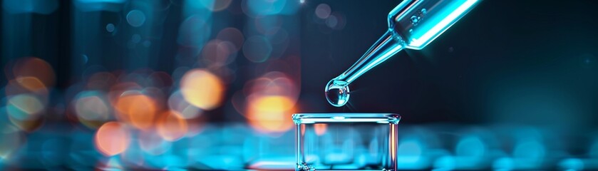 Precision drop from a pipette into a test tube, featuring glistening turquoise liquid and outoffocus lab equipment