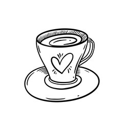 Handdrawn Coffee Cup with Heart on Saucer Vector Illustration, ideal for coffee lovers and cafes