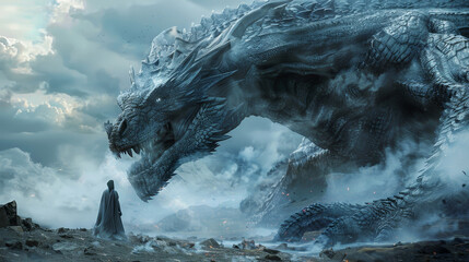 Mystical encounter with an ancient dragon in a dramatic, cloudy landscape