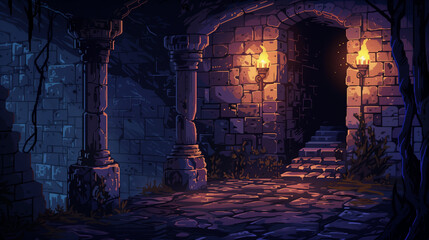A dark, eerie dungeon with flickering torches and stone walls , pixel art, game assets