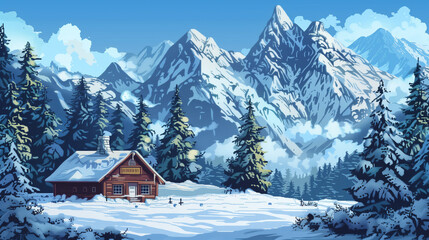 Fototapeta premium A snowy mountain landscape with pine trees and a cozy cabin , pixel art, game assets