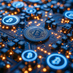 Develop an image that represents the connection between the physical and digital worlds of crypto currency, using blue lights to create a sense of innovation and progress.