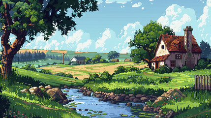 Obraz premium A tranquil countryside with rolling hills, a river, and a quaint farmhouse , pixel art, game assets