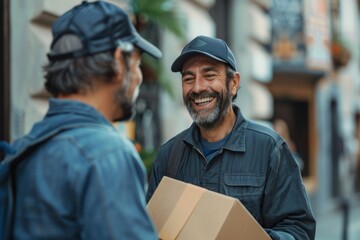Smiling customer receiving a parcel from a dedicated delivery worker, expressing appreciation and satisfaction for the reliable and efficient service.