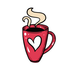 Charming cartoon red coffee mug with heart and steam, ideal for a cozy morning or Valentines Day