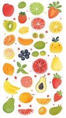 strawberry, orange, banana cherry, lime, lemon, kiwi, plums, apples, watermelon, pomegranate, papaya, pear, pear on white background.
