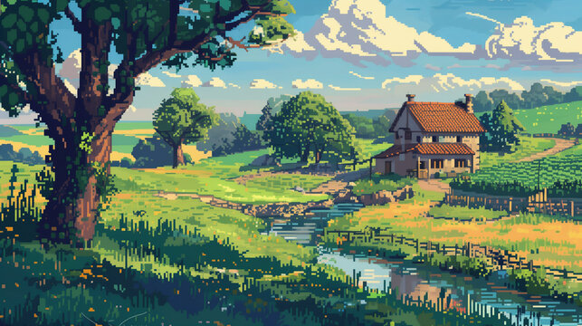A tranquil countryside with rolling hills, a river, and a quaint farmhouse , pixel art, game assets