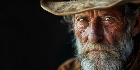 Intense portrait of an elderly cowboy with striking green eyes, weathered face and gray beard