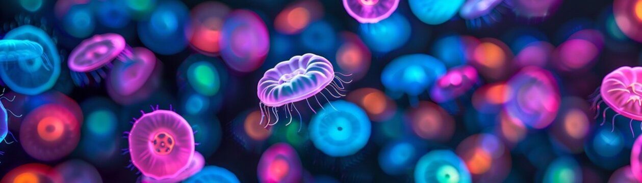 Radiant collection of microscopic marine life, with luminescent designs in circular and irregular shapes, creating a captivating visual against a dark setting