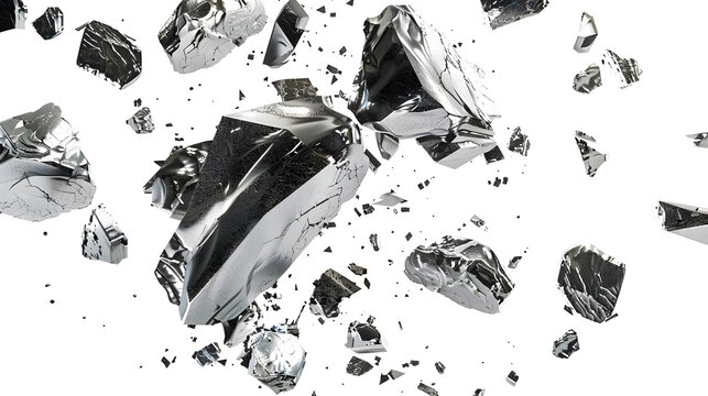 pieces of magnesium floating in the air, white background