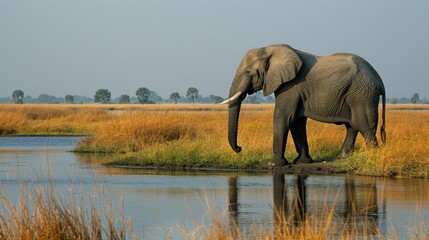 Obraz premium Elephant Drinking From a Waterhole