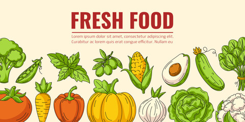 Fresh food and vegetables, harvesting. Horizontal vector banner. Isolated background, space for text. Healthy farm organic products, natural veggies icons. For poster, menu, flyer, web design