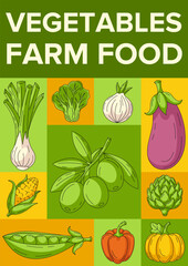 Fresh and healthy organic vegetables, harvesting, farm food. Vector geometric modern vertical poster a4, eco veggies icons. Minimal abstract layout for banner, menu, flyer, cover, farmers market