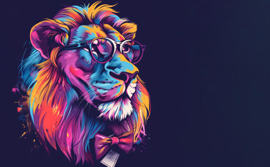 Colorful hipster lion with glasses and bowtie on a dark background