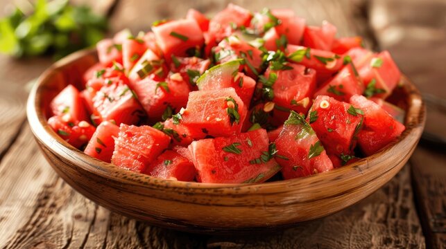 Wooden table topped with a flavorful watermelon salad in a bowl