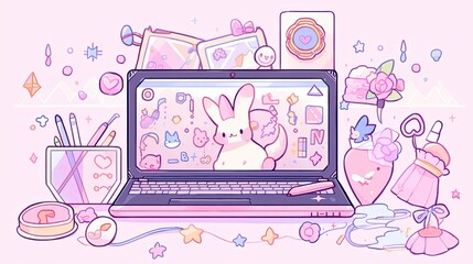 Whimsical pastel online learning setup, featuring a soft-colored laptop, playful icons, and a comfortable study.