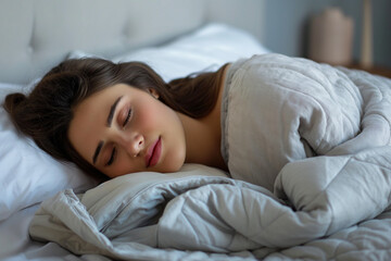 Obraz premium Woman sleeping in bed under a blanket