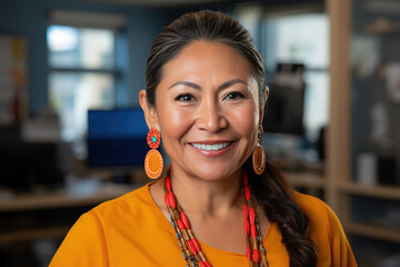 Native American Woman Smiling in Office