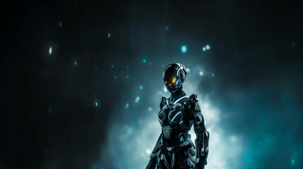 Fototapeta premium A futuristic female character in sleek, high-tech armor with glowing accents , with copy space