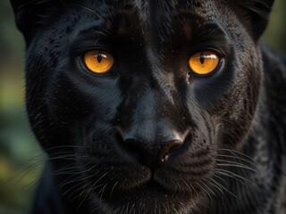 A close up portrait of a black panther with piercing golden eyes