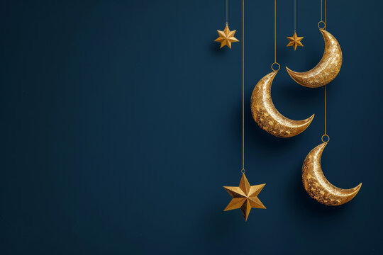 A blue background with gold stars and crescent moons hanging from the ceiling
