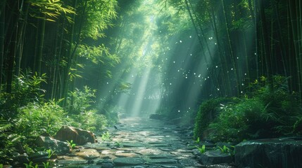 Sunlit Path Through a Bamboo Forest