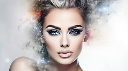 Beautiful woman, girl. Female model with Extraordinary amazing Hairstyle and Flawless professional Makeup. AI Generative.