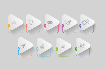 infographic elements template, business concept with 9 steps, multi color triangle shapes design for workflow layout, diagram, annual report, web design.Creative banner, label vector