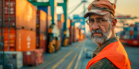 Obraz premium A man in an orange vest stands in front of a large container ship