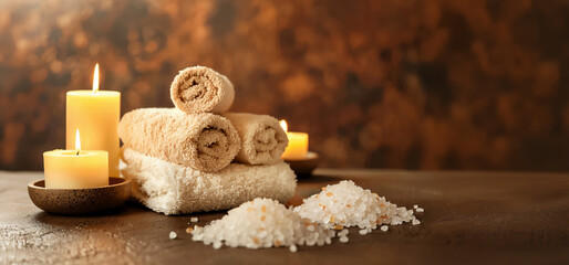 La composici&oacute;n del concepto de spa y bienestar con toallas marrones, velas y sal marina sobre fondo oscuro con espacio para copiar texto. hermoso entorno de spa, elementos de spa, fotograf&iacute;a profesion