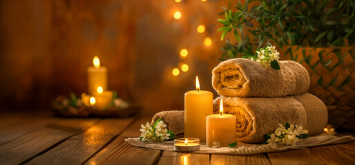 La composici&oacute;n del concepto de spa y bienestar con toallas marrones, velas y sal marina sobre fondo oscuro con espacio para copiar texto. hermoso entorno de spa, elementos de spa, fotograf&iacute;a profesion