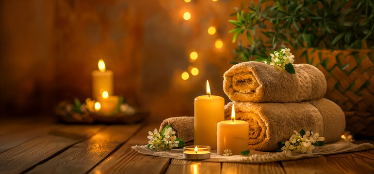 La composici&oacute;n del concepto de spa y bienestar con toallas marrones, velas y sal marina sobre fondo oscuro con espacio para copiar texto. hermoso entorno de spa, elementos de spa, fotograf&iacute;a profesion