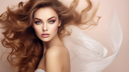 Naklejka premium Beautiful woman, girl. Female model with Extraordinary amazing Hairstyle and Flawless professional Makeup. AI Generative.