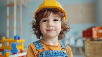 Bright children's room real shot: Cute brown-haired boy wearing an engineer hat, earnestly and joyfully assembling building blocks